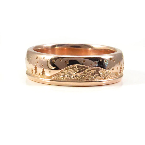 Mountain Wedding Band, Trees and Crescent Moon Mens 14k Gold Band, Landscape Camping Nature Inspired Ring