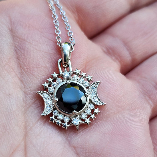Gothic Black Spinel Pendant Serena Moon & Star Diamond Halo Necklace - 14k Gold, Delicate Witchy Celestial Necklace Goth Halloween