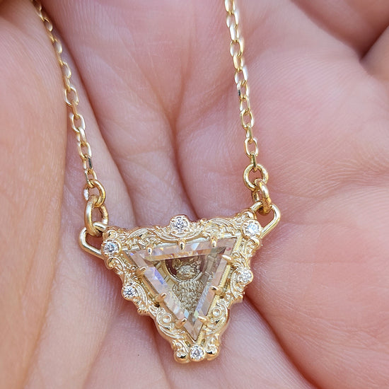 Vampire Bat Pendant with Triangle Moissanite Window Pane and Baroque Gold Frame on Star Chain 14k Yellow Gold