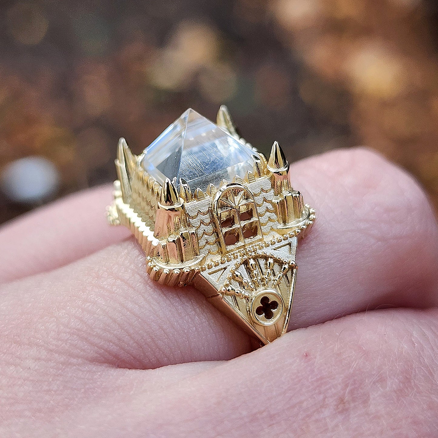 14k Gold Haunted Castle Tower Ring with Pyramid Quartz and Hidden Skull Gothic Cocktail Ring Spooky Halloween Jewelry