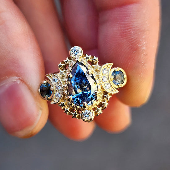 14k gold pear cut moissanite blue sapphire engagement ring triple moon goddess stardust handmade wedding bridal ring