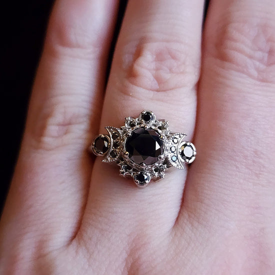 black diamond cosmos engagement ring triple moon with stars gothic victorian jewelry