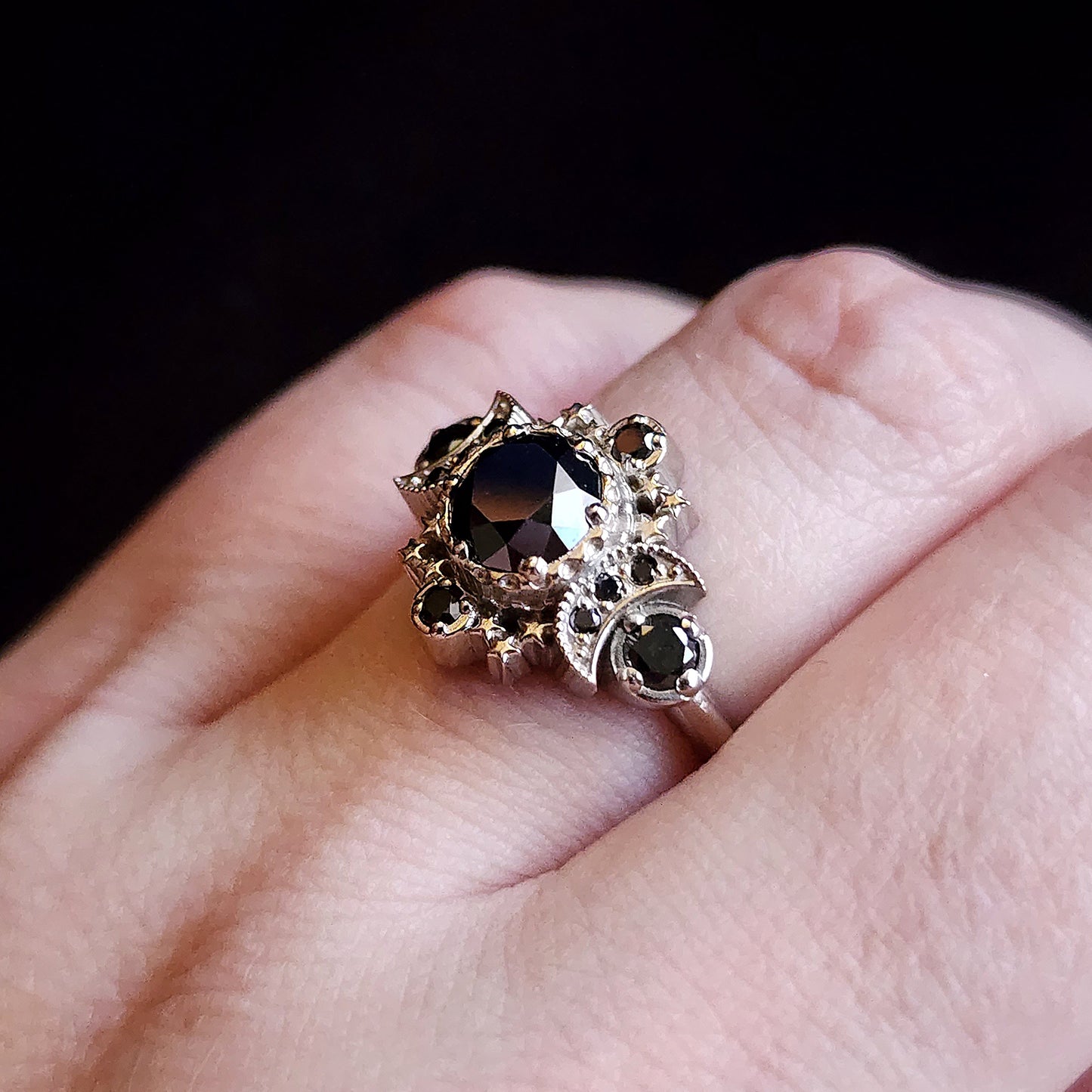 black diamond cosmos engagement ring triple moon with stars gothic victorian jewelry