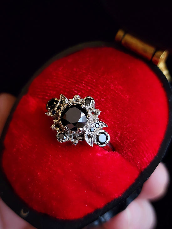 Black Diamond Gothic Moon Engagement Ring Cosmos Triple Moon 3 Stone Ring with Stars Dark Wedding Jewelry