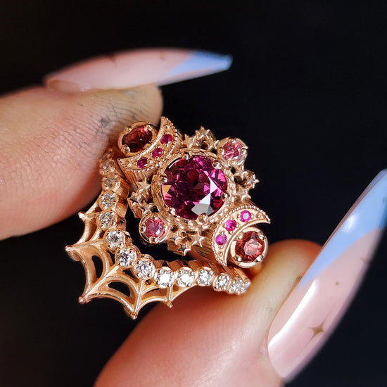 rhodolite imperial garnet cosmos ruby red sapphire engagement ring alternative bride 14k gold