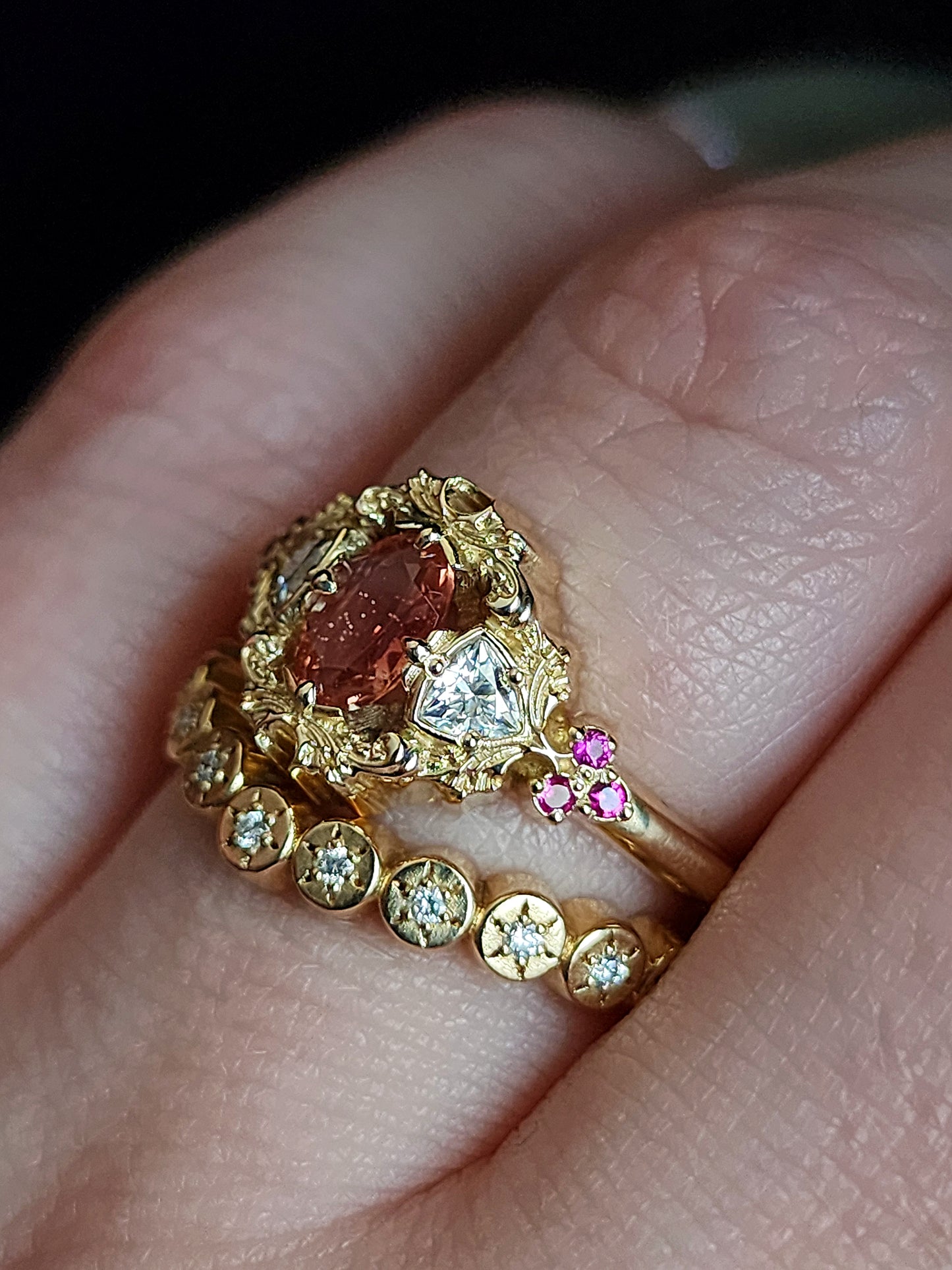 Ophelia Oregon Sunstone Delicate Filigree Engagement Ring with Trillions and Rubies 14k Gold Handcrafted