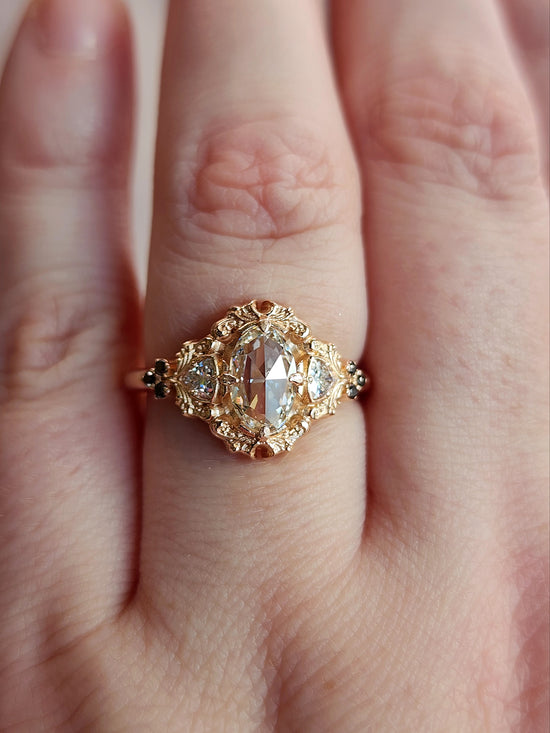*Setting Only* Rose Cut Ophelia Delicate Filigree Engagement Ring with Trillions and Black Diamonds 14k Gold