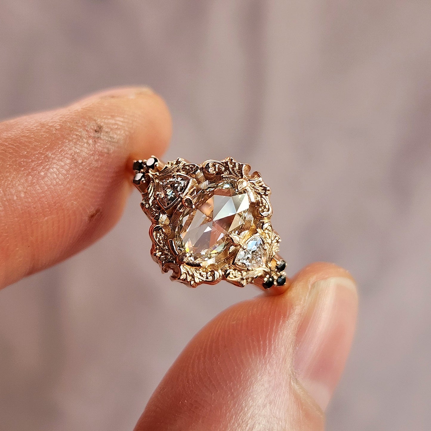 Ophelia rose cut diamond engagement ring 14k rose gold with trillions and black diamonds