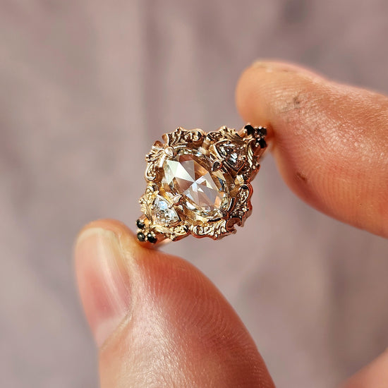 Ophelia rose cut diamond engagement ring 14k rose gold with trillions and black diamonds
