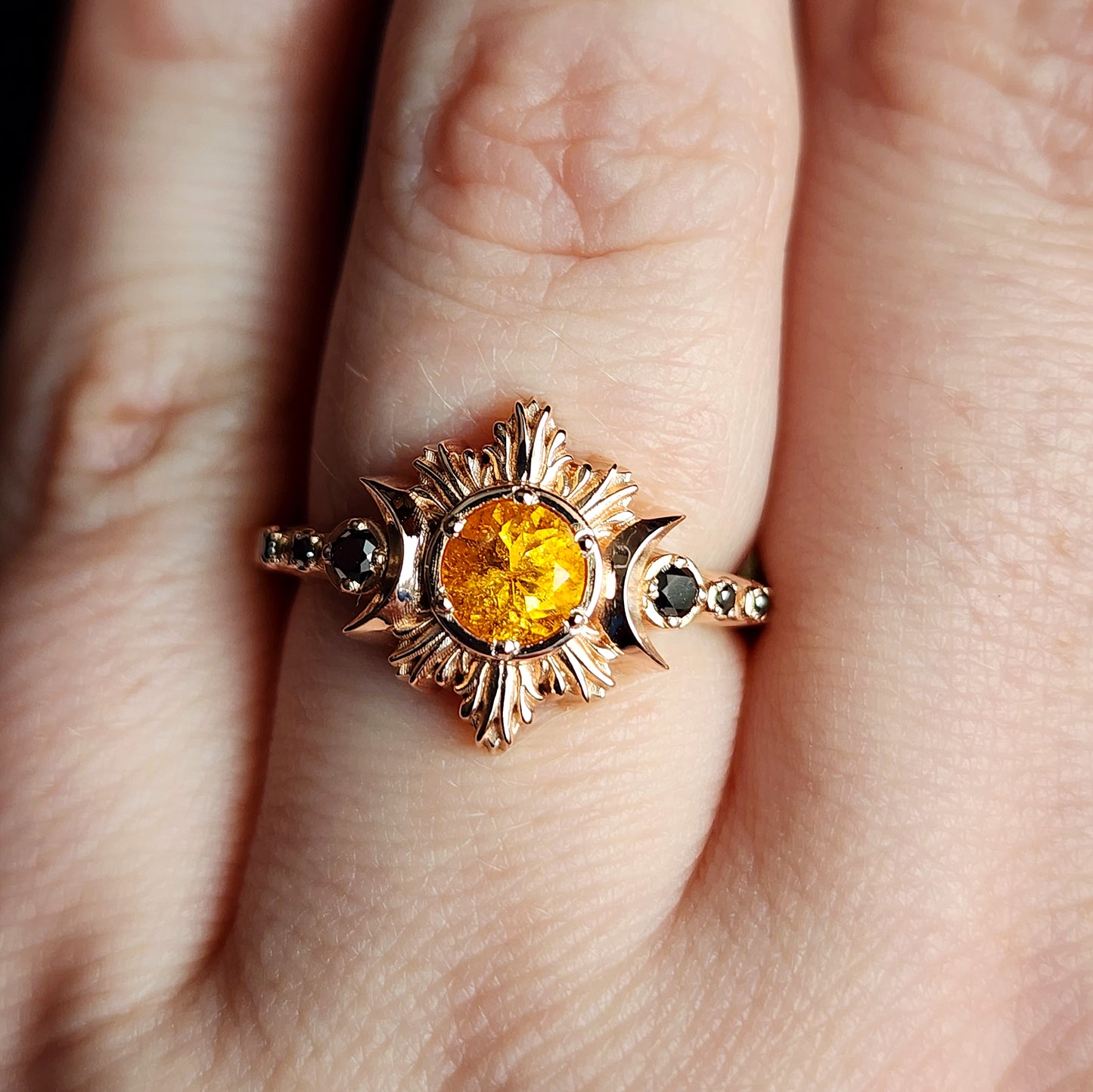 Spessartite Garnet Moon Fire Gothic Engagement Ring with Black Diamonds - 14k Yellow, Rose or Palladium White Gold