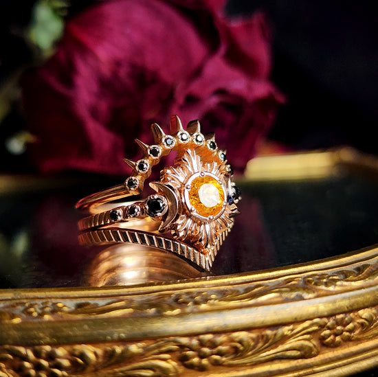 Orange Spessartite Garnet MoonFire Wedding Ring Set Gothic Celestial Jewelry with Black Diamonds - 14k Yellow, Rose or Palladium White Gold