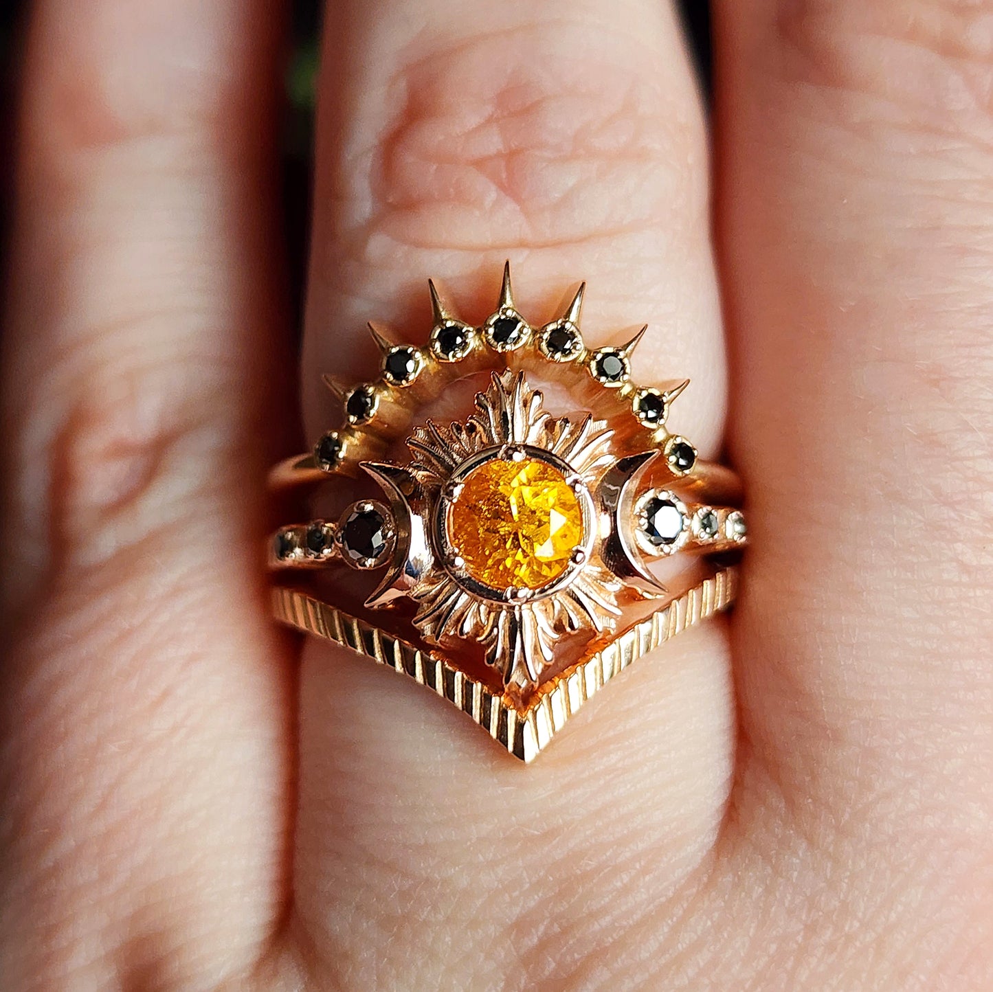 Ready to Ship - Orange Spessartite Garnet Moon Fire Wedding Ring Set Gothic Celestial Jewelry with Black Diamonds - 14k Rose Gold