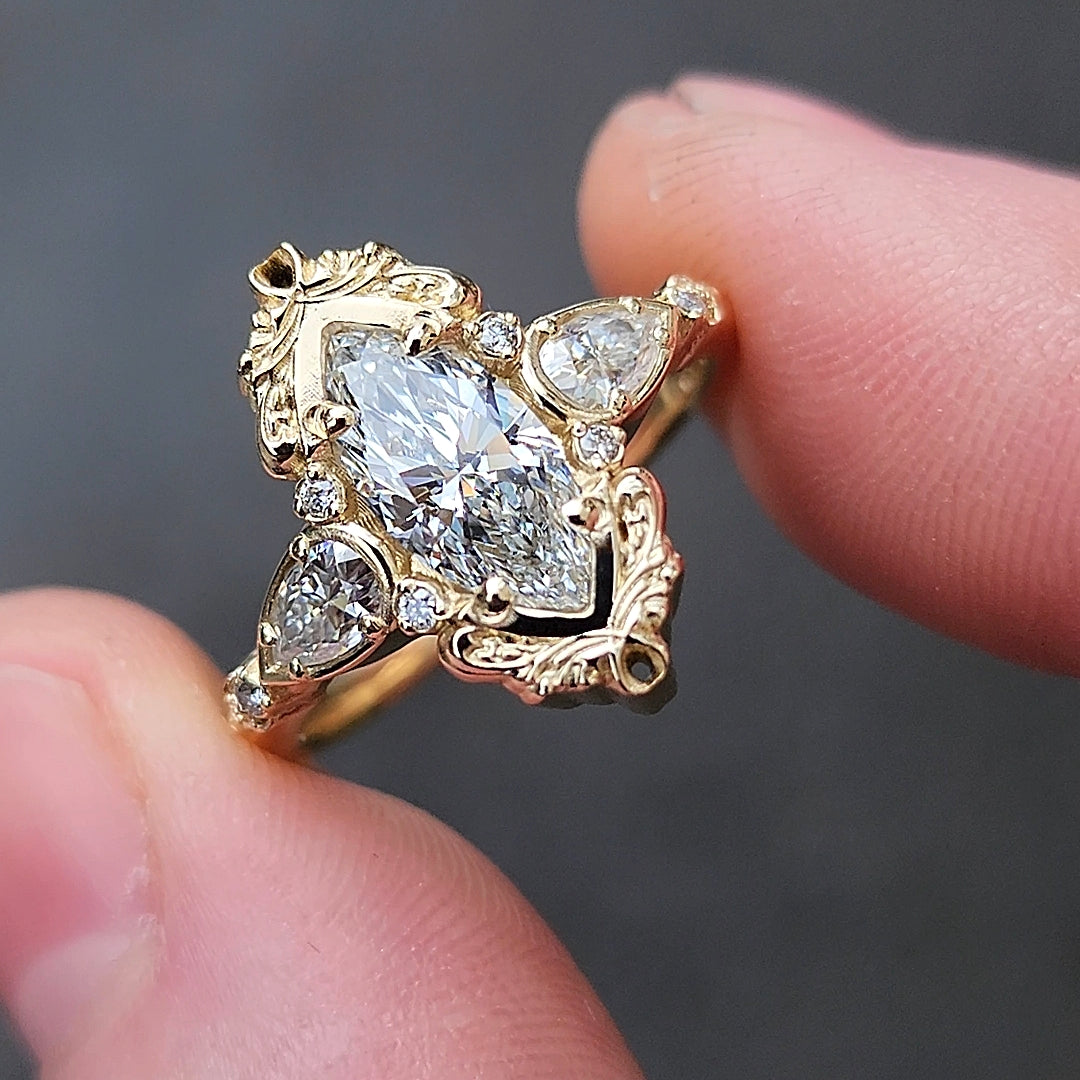 Large Lab Diamond Odette Marquise Engagement Ring with Pear Side Stones and Gold Scrollwork - Fantasy Filigree 14k Gold Handmade Ring