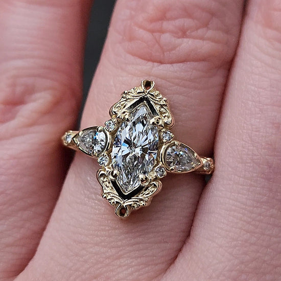 Large Lab Diamond Odette Marquise Engagement Ring with Pear Side Stones and Gold Scrollwork - Fantasy Filigree 14k Gold Handmade Ring