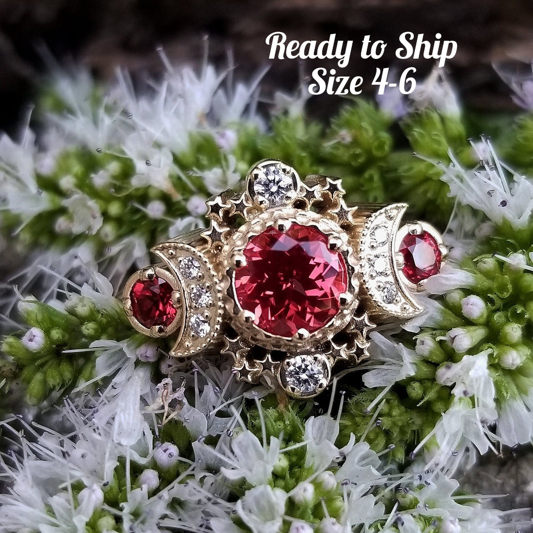 Ready to Ship Size 4-6 Chatham Padparadscha Sapphire Cosmos Engagement Ring - 14k Yellow Gold and Diamonds