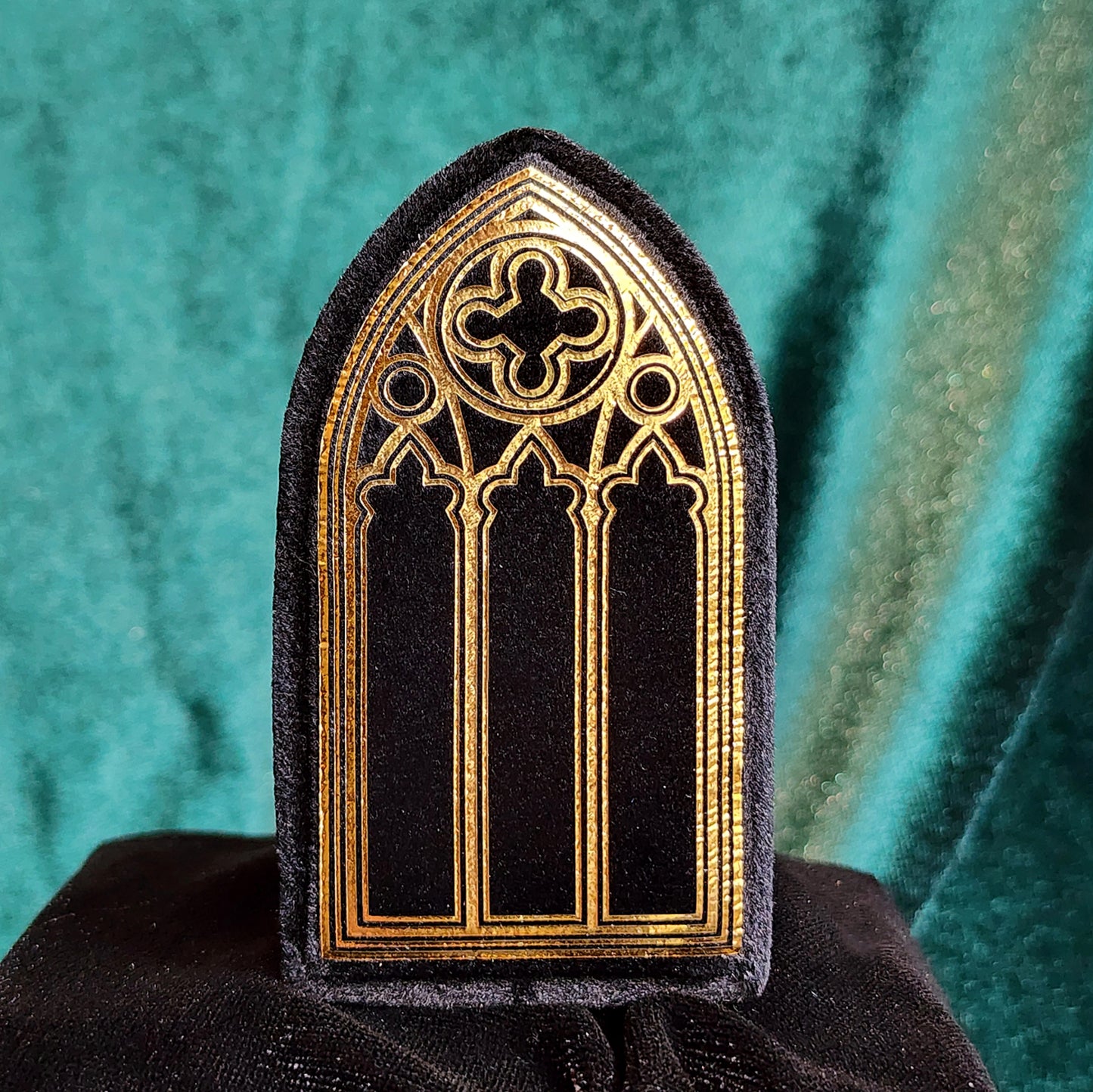 Gothic Cathedral Window Double Ring Box - Black Velvet with Yellow Gold