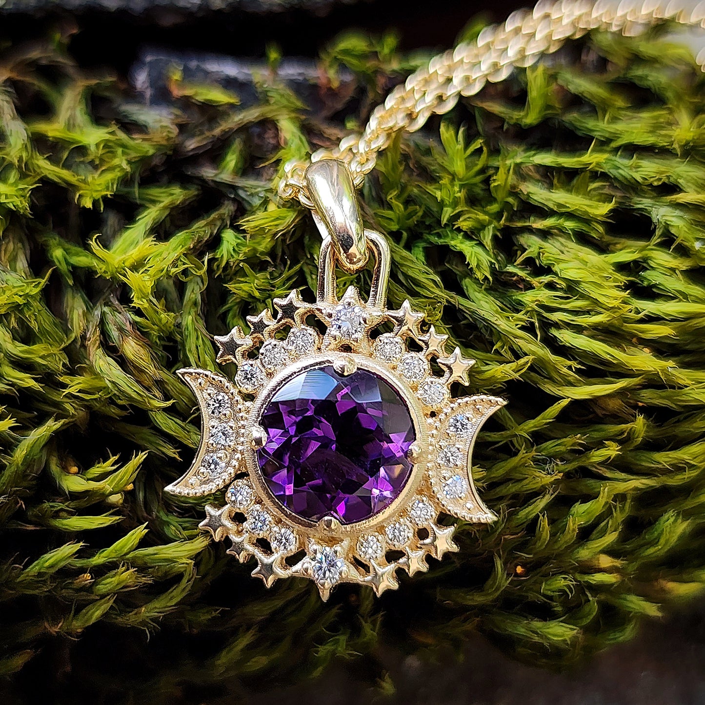 Round Amethyst Pendant with Moon & Stars Diamond Halo, Celestial Delicate Fine Jewelry 14k Gold Ethereal Handmade Necklace