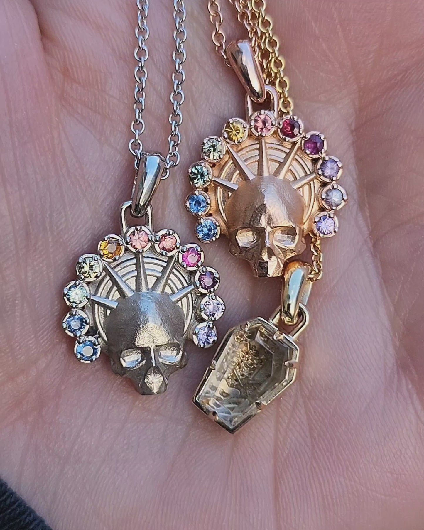 Load and play video in Gallery viewer, Ready to Ship - Rainbow Aura Angel Pendants and Coffin Skeleton Charm Catacomb Memento Mori 14k Gold Skull Necklace
