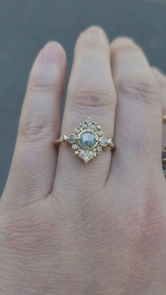 Load and play video in Gallery viewer, Galaxie Lunar Engagement Ring - 14k Gold - Pick your Salt &amp;amp; Pepper Diamond - Boho Moon Wedding Ring
