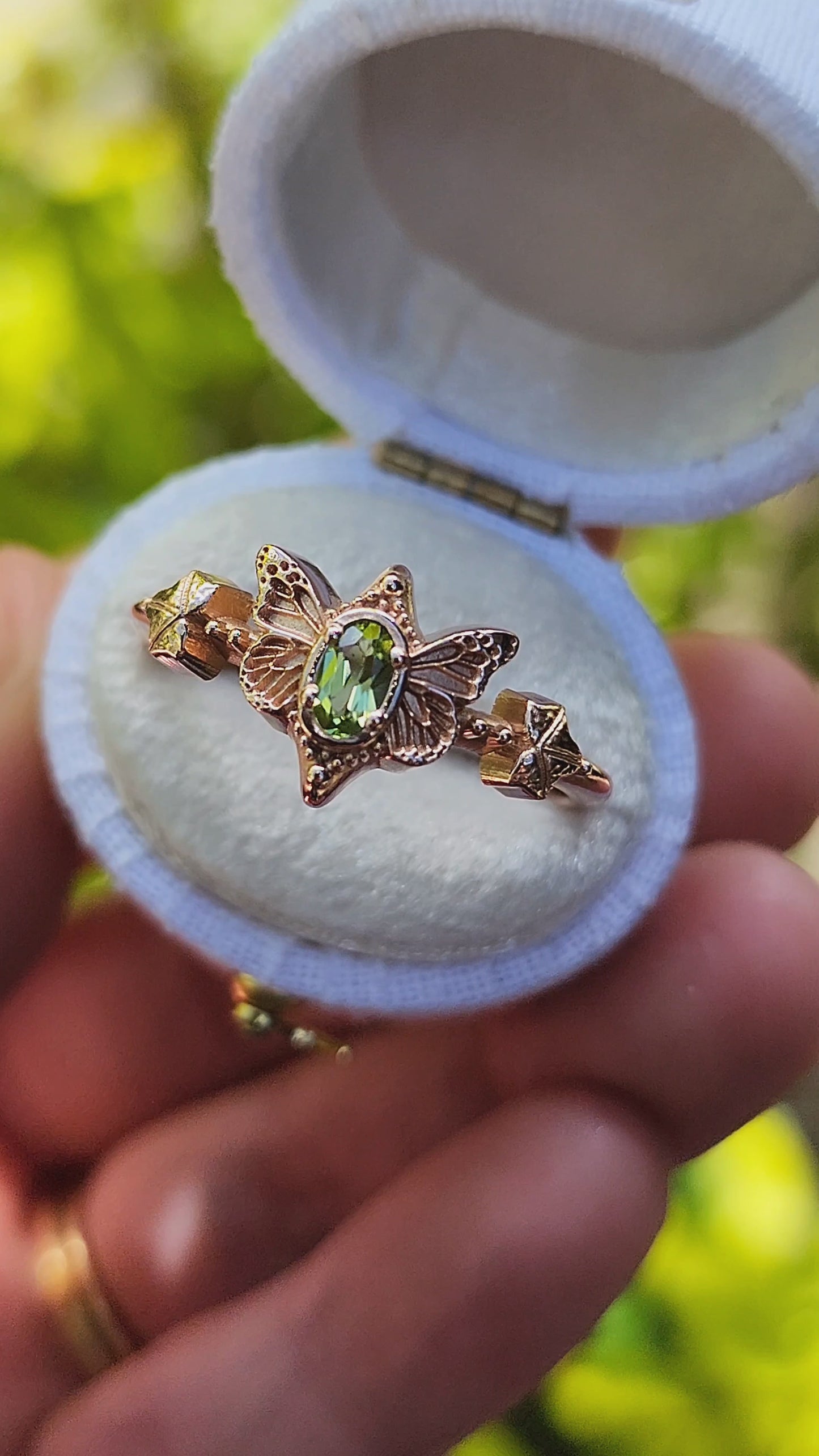 Load and play video in Gallery viewer, Green Fairy Ring with Oval Peridot Butterfly Faerie Engagement with Leaf Detail - Pick your Gemstone Fairytale Fantasy Fine Jewelry 14k Gold
