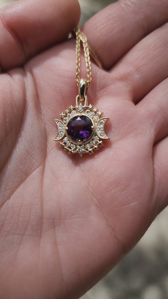 Load and play video in Gallery viewer, Round Amethyst Pendant with Moon &amp;amp; Stars Diamond Halo, Celestial Delicate Fine Jewelry 14k Gold Ethereal Handmade Necklace

