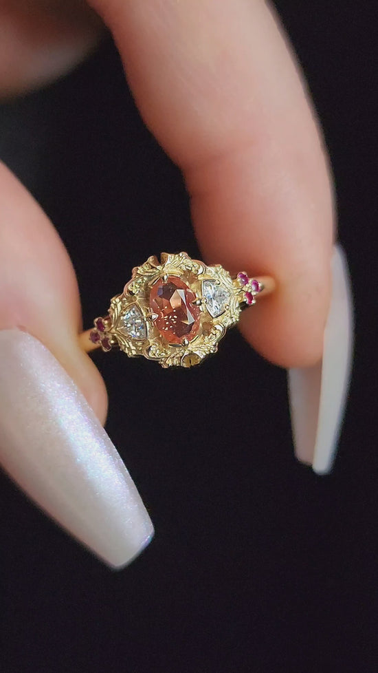 Load and play video in Gallery viewer, *Setting Only* Ophelia Delicate Filigree Engagement Ring with Trillions and Rubies 14k Gold
