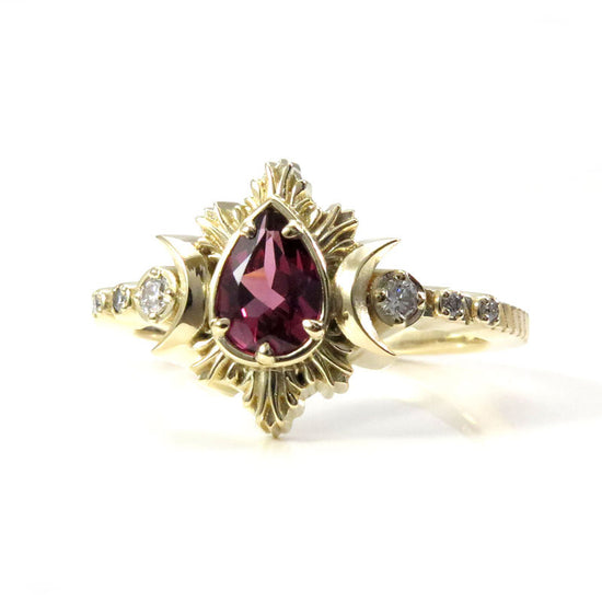 Pear Rhodolite Garnet Engagement Ring with Crescent Moons and Diamonds - Moon Fire Celestial 14k Yellow Gold Wedding Ring