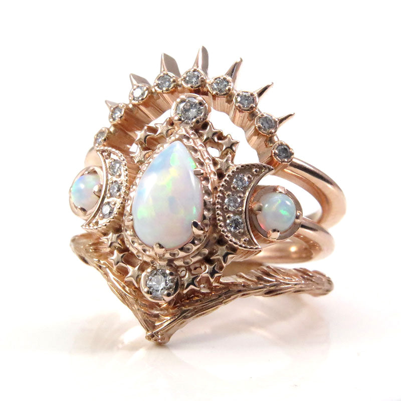 Opal Engagement Ring Set - Pear Cosmos Ring with Diamonds - Stars & Crescents Wedding Ring - Chatham Opals - Celestial Witchy Fine Jewelry