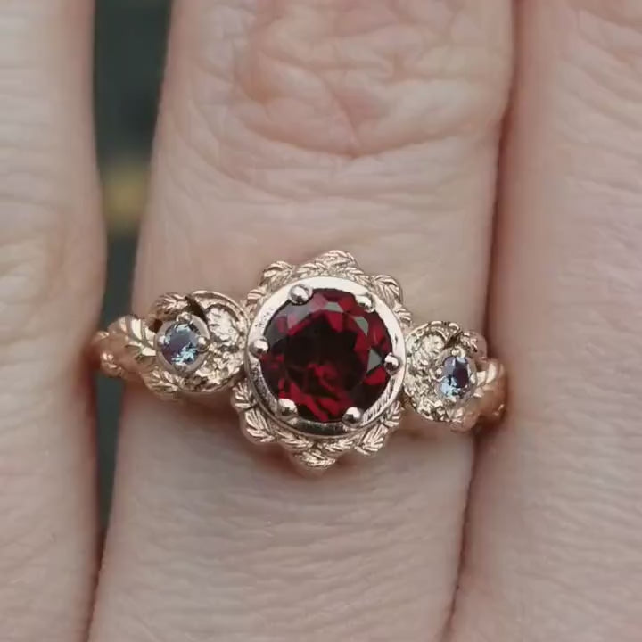 Load and play video in Gallery viewer, Red Garnet &amp;amp; Chatham Alexandrite Leafy Moon Ring - 14k Rose Gold - Nature Inspired Engagement Rings
