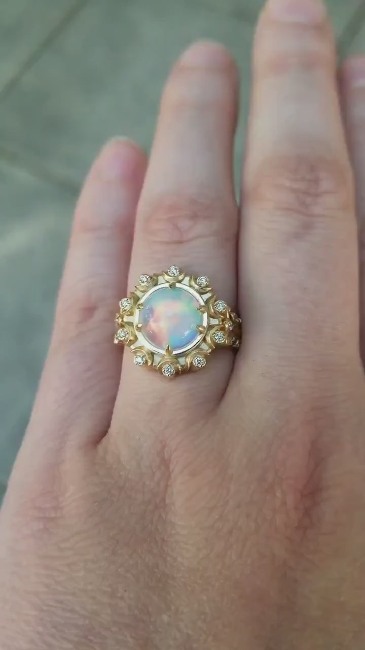 Load and play video in Gallery viewer, Opal Crystal Ball Ring - Victorian Inspired Giant Opal Ring with Diamonds, Leaves and Tiny Crescent Moons - 14k Yellow Gold Engagement Ring
