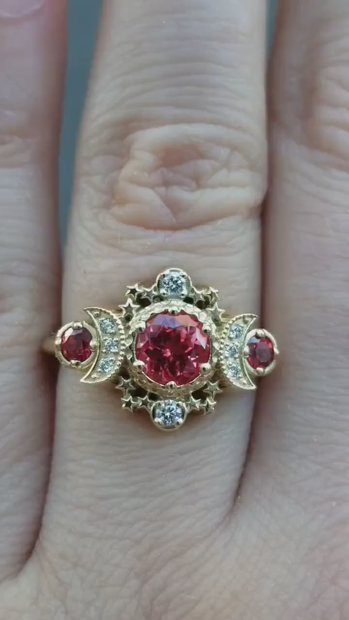 Load and play video in Gallery viewer, Chatham Padparadscha Sapphire Cosmos Engagement Ring - 14k Yellow Gold and Diamonds - Moon Fine Jewelry
