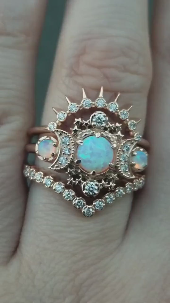 Load and play video in Gallery viewer, Cosmos Moon Engagement Ring 3 Ring Set with Lab Opals and Diamonds - Boho Celestial Wedding Set
