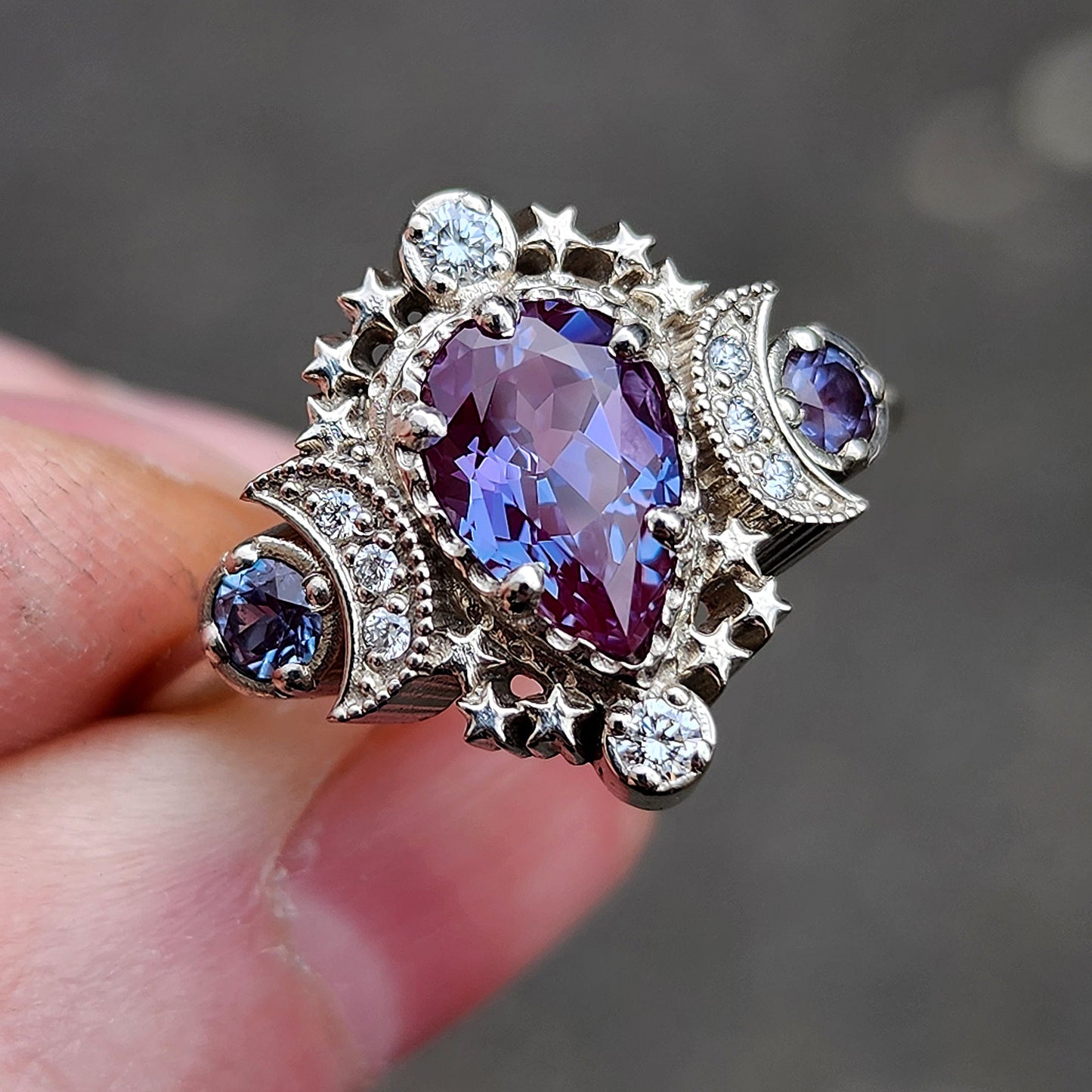 Pear Cosmos Moon Ring with Chatham Alexandrite and Diamonds - Star Engagement Ring