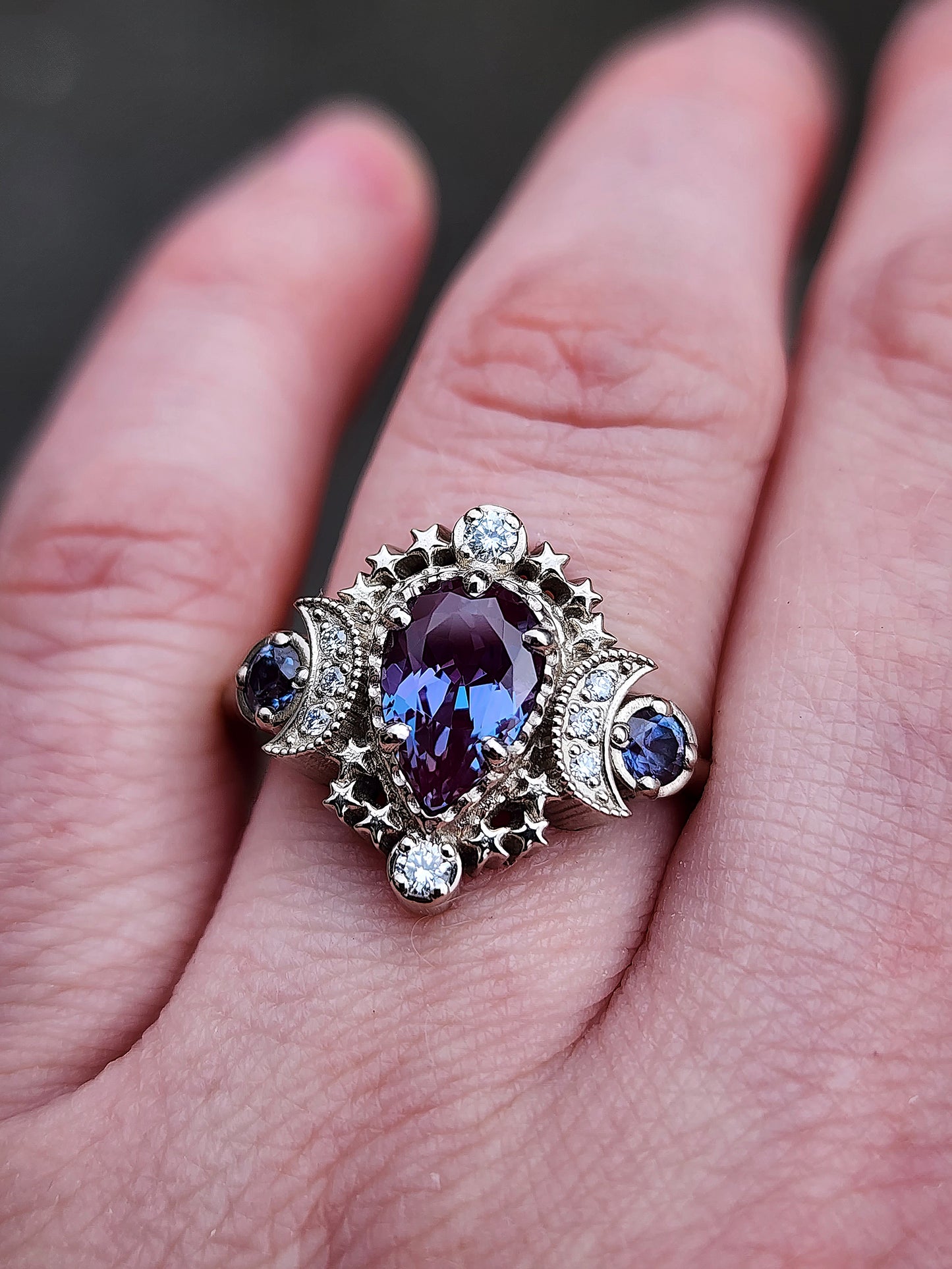 Pear Cosmos Moon Ring with Chatham Alexandrite and Diamonds - Star Engagement Ring