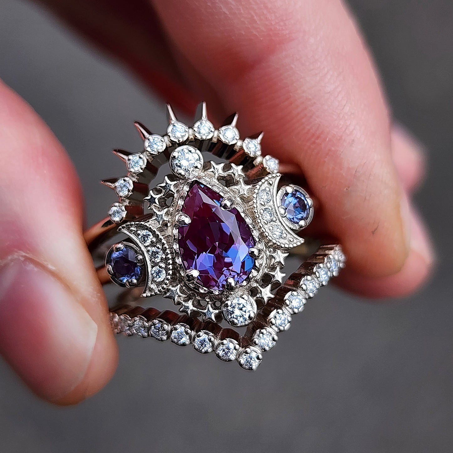 alexandrite cosmos wedding ring set 3 piece diamonds celestial gothic engagement