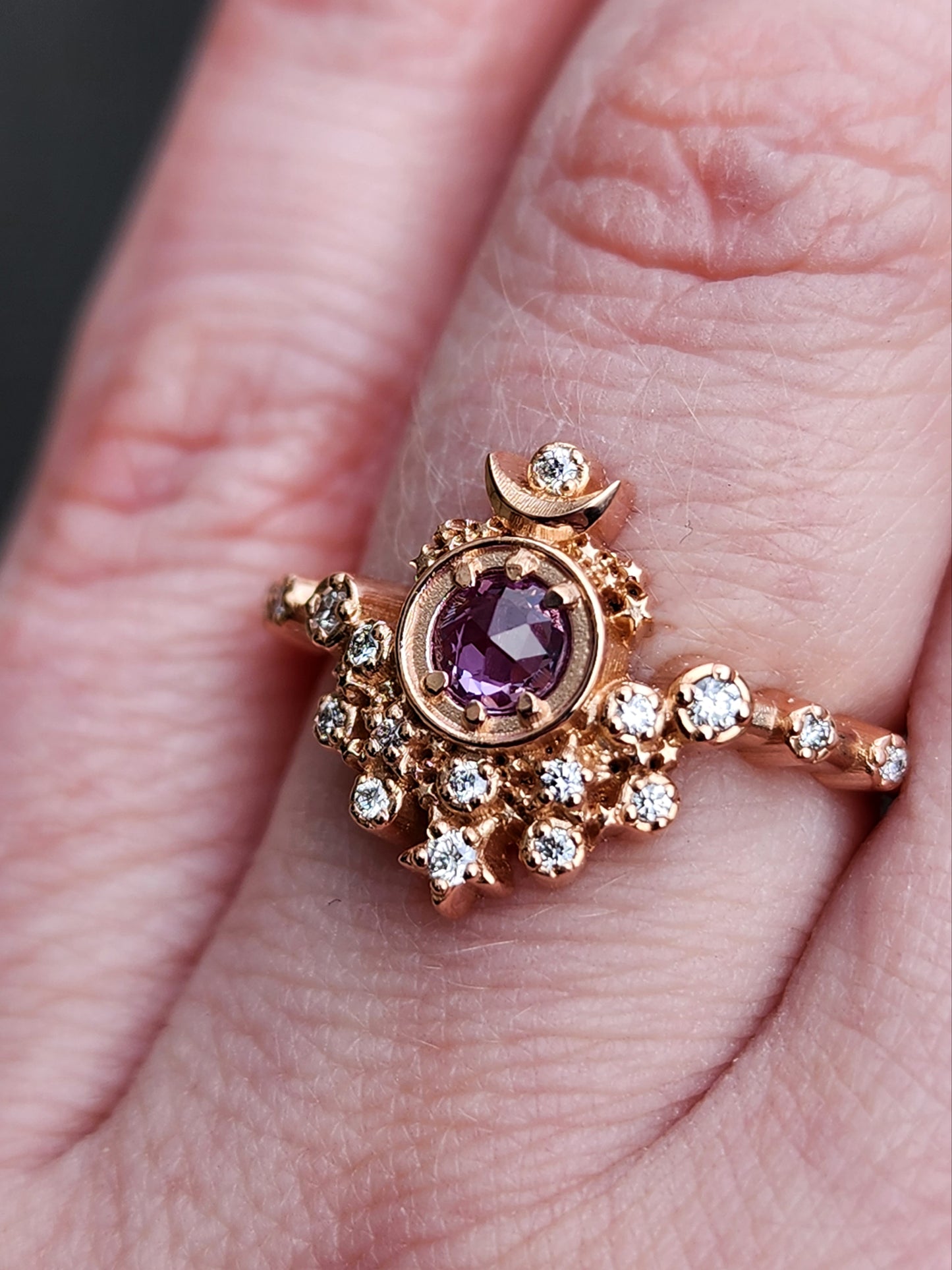 Rose Cut Purple Sapphire Moon Witch Engagement Ring with Diamonds and Stardust - 14k Rose Gold
