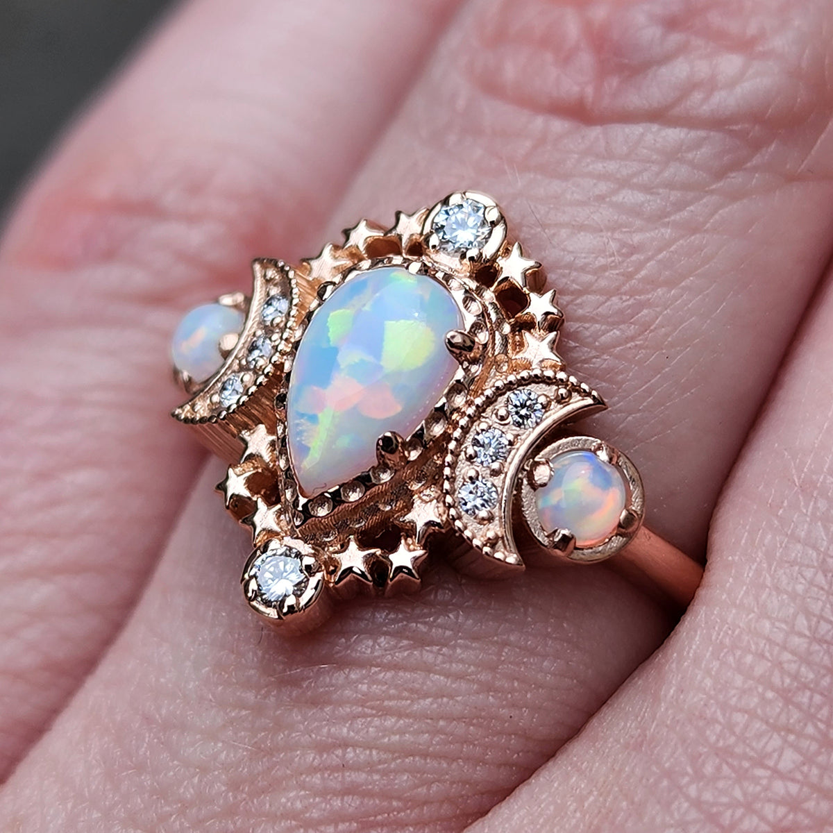 Pear Cosmos Moon Ring with Chatham Alexandrite and Diamonds - Star
