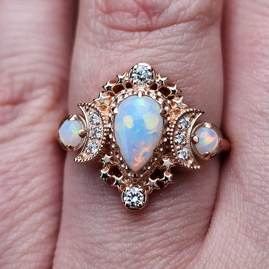 Pear Opal Cosmos Moon Ring with Diamonds - Star and Moon Engagement Ring - Chatham Opals - Celestial Wedding Fine Jewelry
