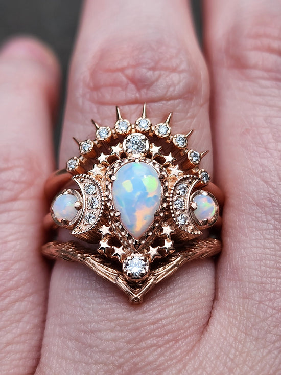 Opal Engagement Ring Set - Pear Cosmos Ring with Diamonds - Stars & Crescents Wedding Ring - Chatham Opals - Celestial Witchy Fine Jewelry
