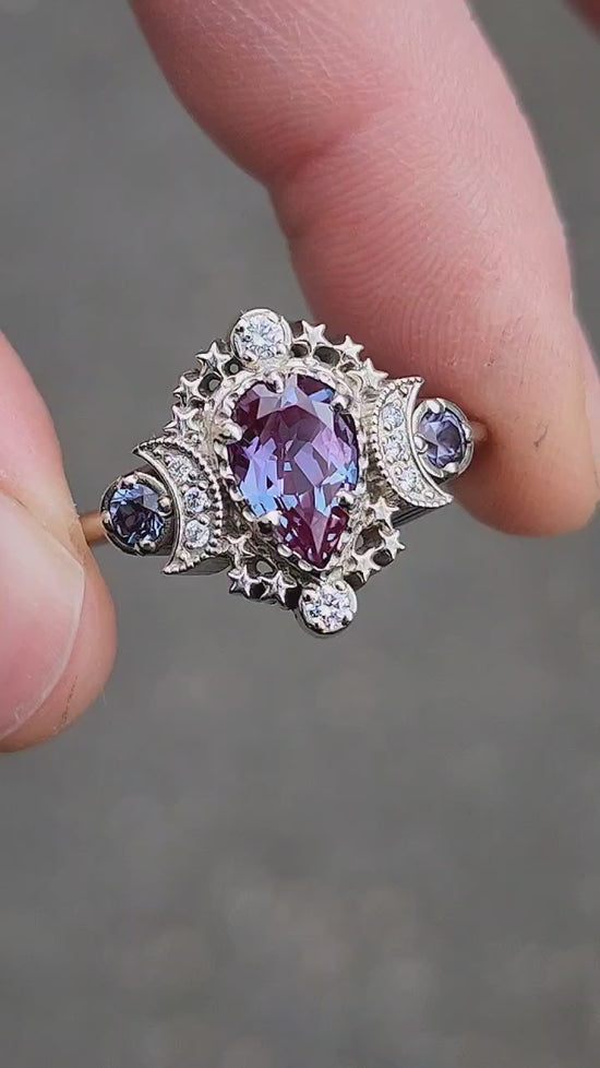 Load and play video in Gallery viewer, Pear Cosmos Moon Ring with Chatham Alexandrite and Diamonds - Star Engagement Ring
