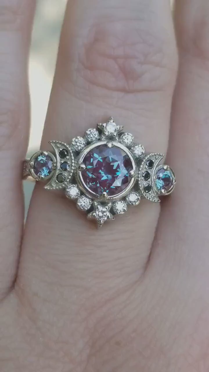 Load and play video in Gallery viewer, Selene Moon Goddess Ring - Chatham Alexandrite with Black and White Diamonds - 14k Palladium White Gold
