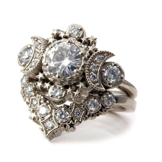 Champagne Diamond Engagement Ring Set - Celestial Bohemian Crescent Moon Ring with Stardust Diamond Chevron Wedding Band - 14k Yellow Gold