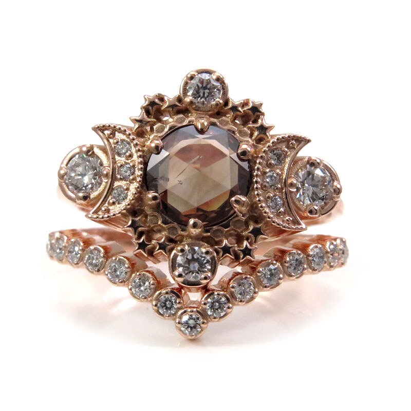Ready to Ship Size 6 - 8 -  Rose Cut Champagne Diamond Cosmos Engagement Ring with White Diamonds - 14k Rose Gold - OOAK