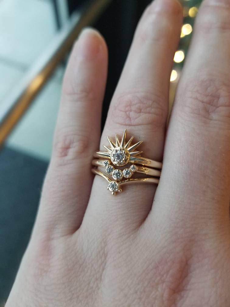 Sun Moon and Stars Stacking Ring Set - Sunburst with Diamond and Crescent Moon Engagement Rings