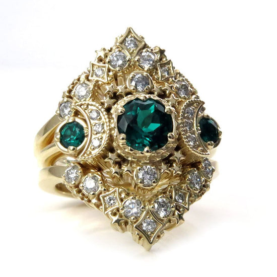 Cosmos Stardust Engagement Ring Set - Chatham Emeralds & Diamonds Moon Wedding Set - 14k Palladium White Gold, Rose Gold or Yellow Gold