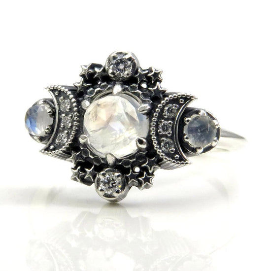 Rose Cut Moonstone Cosmos Moon and Star Ring - Sterling Silver with White Diamonds - Boho Celestial Engagement