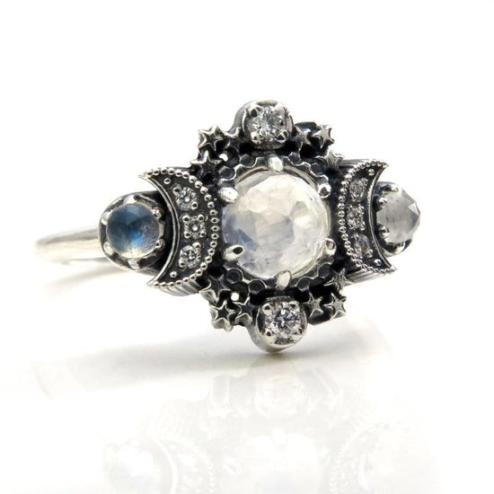Rose Cut Moonstone Cosmos Moon and Star Ring - Sterling Silver with White Diamonds - Boho Celestial Engagement