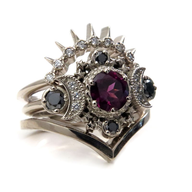Cosmos Moon and Stars Engagement Ring 3 Ring Set with Rhodolite Garnet & Diamonds - Gothic Gold Wedding Set