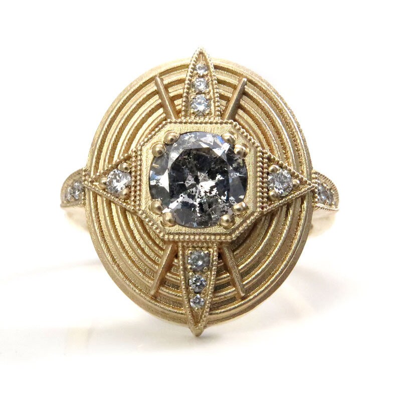 Ready to Ship Size 6 - 8 - Art Deco Compass Rose Ring with Salt & Pepper Diamond Center and White Diamonds - Sandblasted 14k Yellow Gold