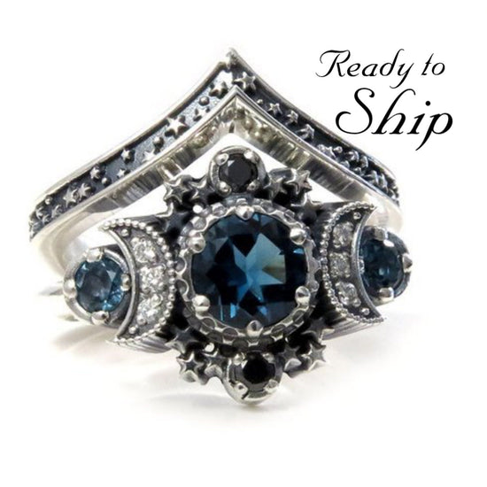 Ready to Ship Size 4.5 - 11.5 - London Blue Topaz Cosmos Moon Engagement Ring Set Triple Moon Goddess Silver Ring with Stardust Chevron Band